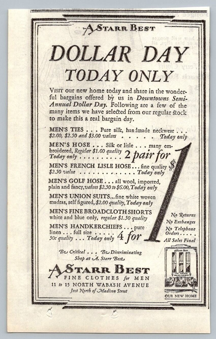 A Starr Best Chicago Dollar Day Ad 1930s Men's Fashion Wabash Avenue Ephemera